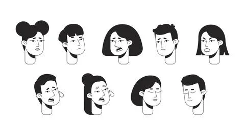 Feeling overwhelmed flat line monochromatic vector character heads pack Stock Illustration