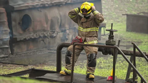 A feeling regret of a firefighter, sit and rests Stock-Footage 326219348
