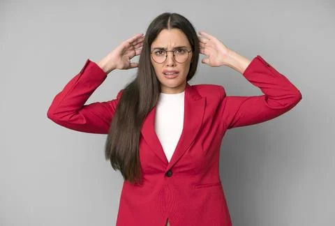 Feeling stressed, anxious or scared, with hands on head Foto stock
