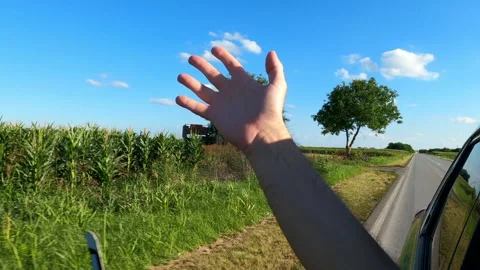 Feeling the wind while driving through countryside, man reaching out hand fro Vídeos de archivo 135819607