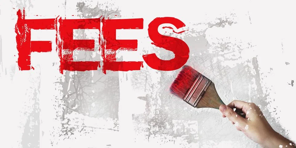 Fees word in red and brush in hand on grundge white grey background. Taxes an Stock Photos
