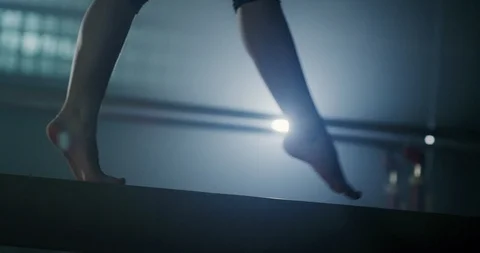 Feet Of Female Gymnast Walking Gracefully On Balance Beam Closeup Sports Center Stock Footage