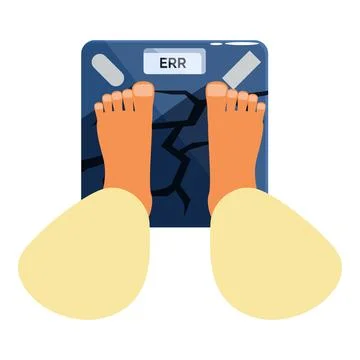 Feet standing on broken bathroom scale showing error message Stock Illustration