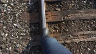 Feet Walking Balancing On Railroad Track Stock Footage