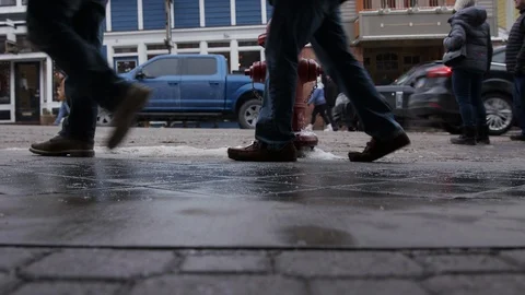 Feet Walking by Fire Hydrant Sidewalk Stock Footage 101082867