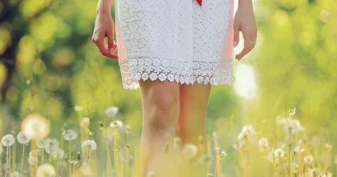 Feet walking through the grass and flowers. Woman in a white dress walking Stock Footage 110344582