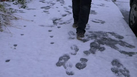 Feet walking towards camera after snowfall Stock Footage 148115329