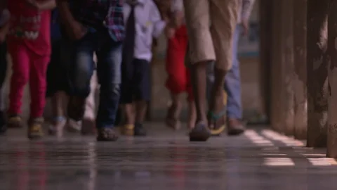 Feets of kids taking a walk in the school corridors- running Stock-Footage 90642867