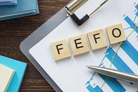 FEFO or First Expire, First Out on the business papers. Stock Photos