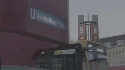Fehrbelliner Platz Berlin - U Bahn - Subway Sign and bus passes by | LOG Stock Footage 166090944