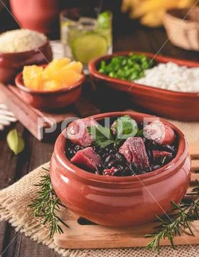 Feijoada (bean stew) - Brazilian Traditional Food (Dry Beef, Cabbage, Orange) Stock Photos