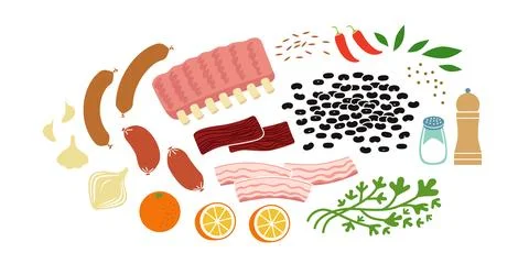 Feijoada or black beans stew fresh raw ingredients set. Flat vector illustr.. Stock Illustration