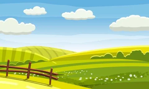 Felds and hills rural landscape. Cartoon countryside valley with green hills Stock Illustration