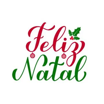 Feliz Natal calligraphy hand lettering with holly berry mistletoe isolated on Stock Illustration