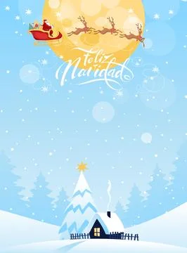 Feliz navidad card. Winter forest landscape, snow-covered small house with a Illustrazione stock
