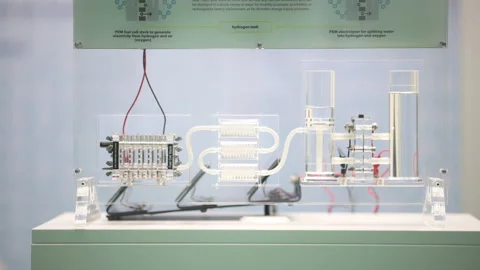 Fell cell system demonstrator with fuel cell stack, hydrogen tank and Video stock 214627486