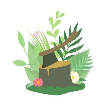 Felled Tree or Stump and Ax, Deforestation, Ecological Problem Vector Stock Illustration