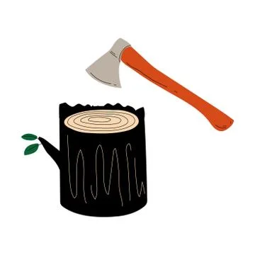 Felled Tree or Stump and Ax, Deforestation, Cutting Down of Trees, Ecological Stock Illustration