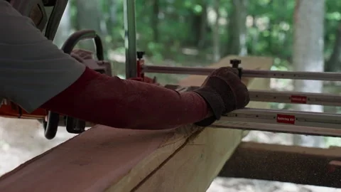 Felling a Beam: Milling a Large Timber Log with a Portable Chainsaw Mill 動画素材 321308144