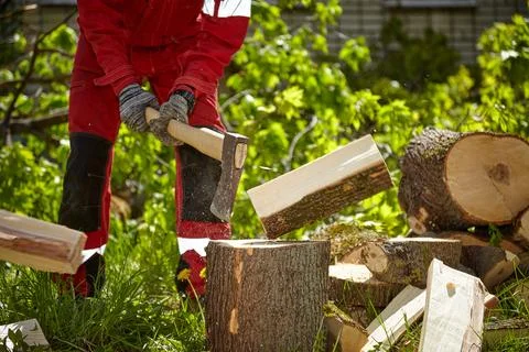 Felling a tree with an old axe on a bright day Stock Photos