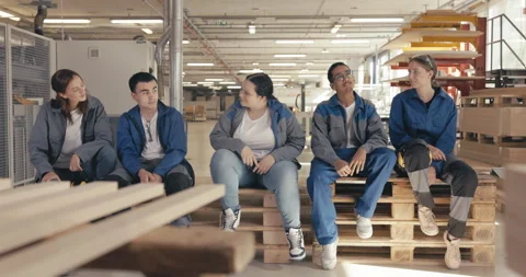 Fellow carpentry apprentices sitting on pallet in the wood workshop Stock Footage 254679311