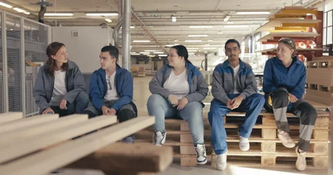 Fellow carpentry apprentices sitting on pallet in the wood workshop Stock Footage 254679515
