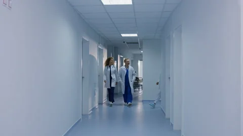 Fellow doctors meet in the corridor during the working day at the hospital Stock Footage 224059740