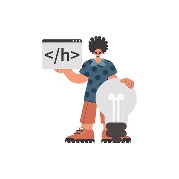 The fellow is holding a browser window with a programming image, and is add Stock Illustration