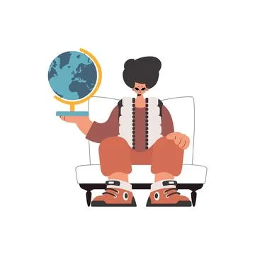 The fellow holds a globe in his hands, confined on a white foundation. Trendy Stock Illustration