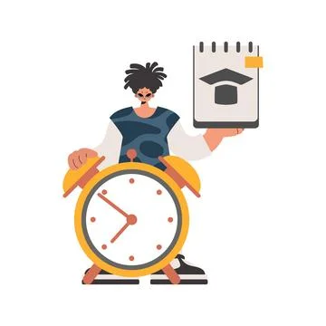 Fellow with unique and caution clock, separated on white foundation. Trendy s Illustrazione stock