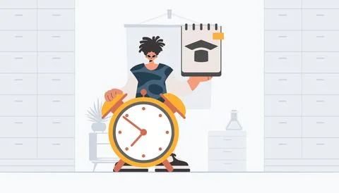 Fellow with unique and caution clock, learning subject. Trendy style, Vecto.. 库存插图