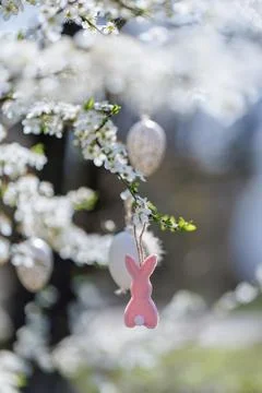 Felt Easter bunny hanging from spring tree branch Foto stock