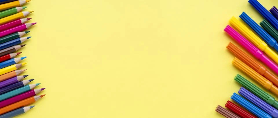 Felt pen or markers on one side and set of color pencils on second side. Stock Photos