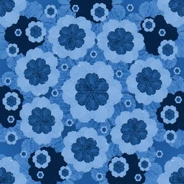 Felt Tip Indigo Floral Pattern Digital collage technique simple fel tip st... Foto stock