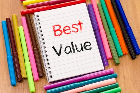 Felt-tip pen and notepad and best value text concept Stock Photos