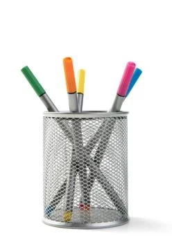 Felt-tip pens in a support of silver colour Stock Photos