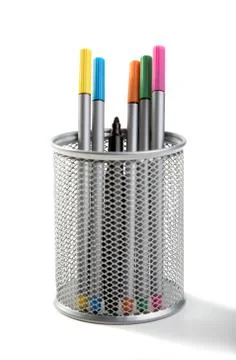 Felt-tip pens in a support of silver colour Stock Photos
