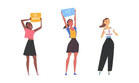 Female activists statementing of their rights with placards set cartoon vector Illustrazione stock