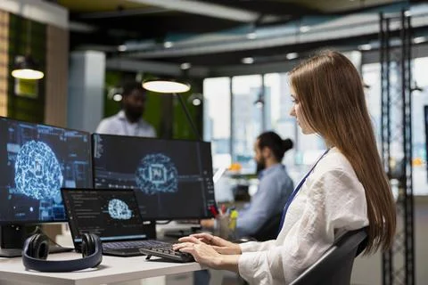 Female admin using multiple devices consulting AI LLM chatbot for tips Stockfoto's