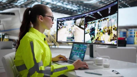 Female Aerospace Engineer Checks 3D Simulation Stock Footage 345326776