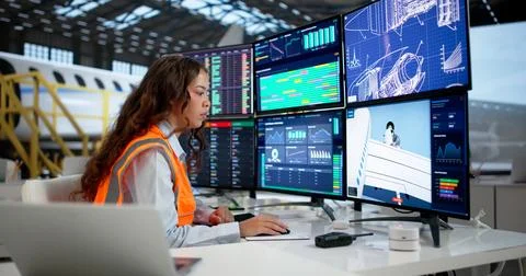 Female Aerospace Engineer Uses Computer Software To Check Airplane Parts. Stock Photos