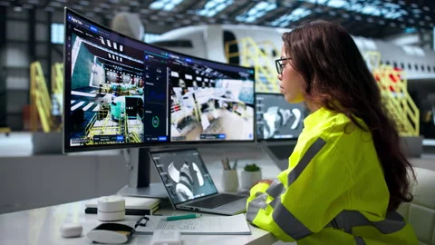 Female Aerospace Engineer Uses Laptop Stock Footage 345332780