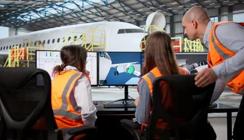Female Aerospace Engineer Using Computer To Check 3D Model Aircraft. Foto stock