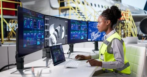 Female Aerospace Technician Using Computer To Develop Aircraft Parts Foto stock
