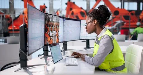 Female African American Engineer Using 3D CAD Software In Auto Factory, Plann Stock Photos