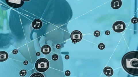 Female agent on headset speaking, incoming customer chat causing icons and lines Stock Footage 332285751