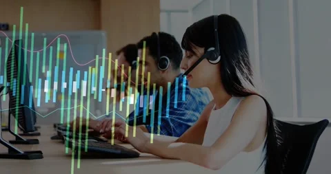 Female agent typing in call center, live audio starting waveform overlaying Stock Footage 333963378