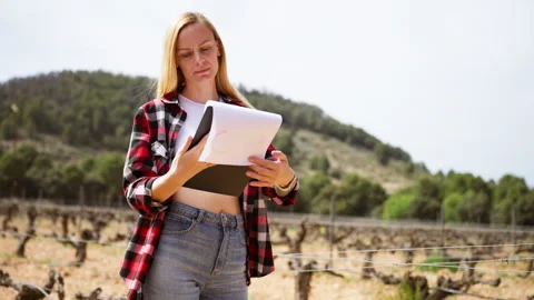 Female agronomist checking crop data on clipboard in agricultural field. Fa.. Stock Footage 332785256