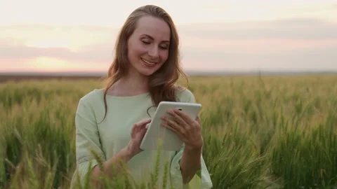 Female agronomist-technologist with a tablet computer in a wheat field, checks Stock Footage 213249400