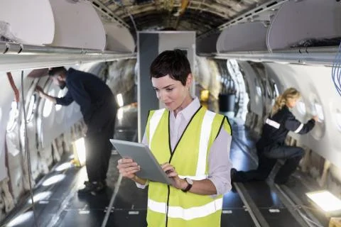 Female aircraft maintenance engineer using digital tablet in an aircraft Stock Photos